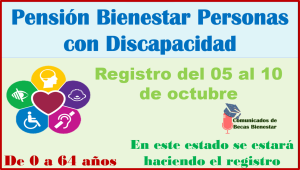 ATENCIÓN REGISTRO PARA LA PENSIÓN BIENESTAR PARA PERSONAS CON DISCAPACIDAD SERÁ DEL 05 AL 10 DE OCTUBRE EN ESTE ESTADO