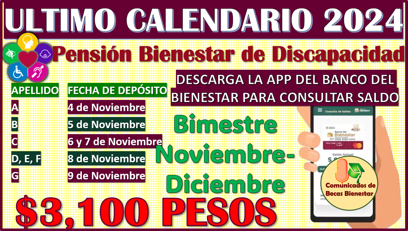 Conoce el Calendario de Pagos de la Pensión Bienestar de Discapacidad Bimestre Noviembre-Diciembre 2024