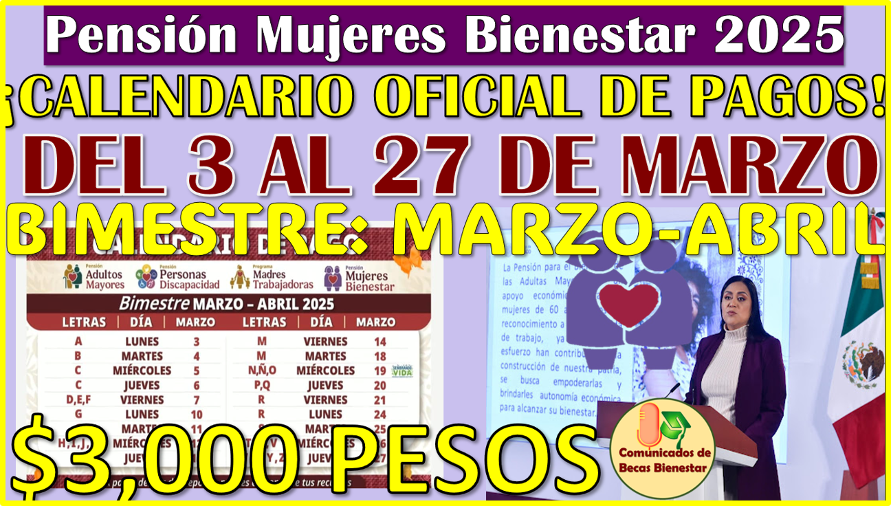 Segundo Calendario Oficial de Pagos de la Pensión Mujeres Bienestar 2025: Bimestre Marzo-Abril