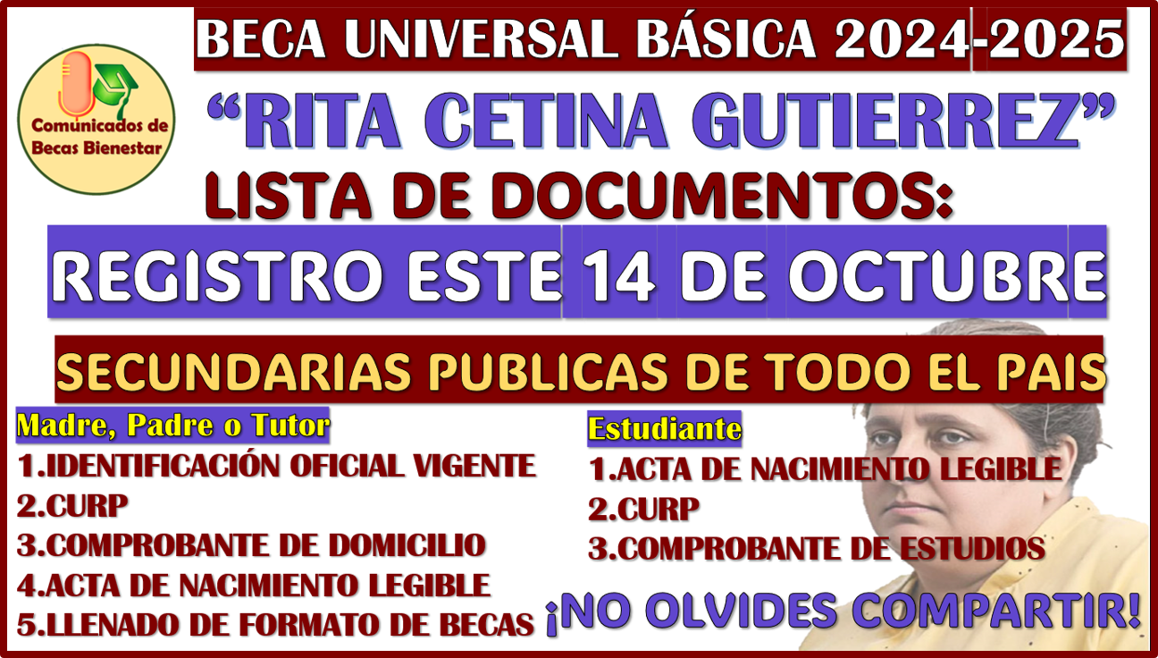 ¡ATENCIÓN SECUNDARIAS! documentos para el registro de la nueva Beca Universal Rita Cetina Gutierrez 2024-2025