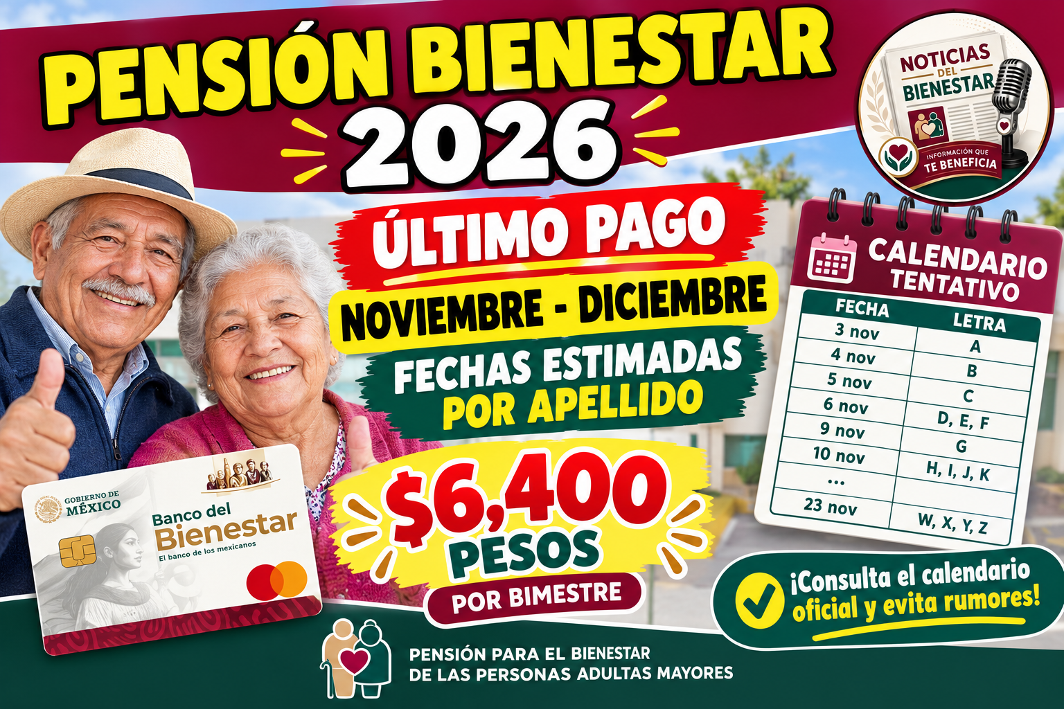 Pensión Bienestar 2026: fechas estimadas del último pago de noviembre-diciembre