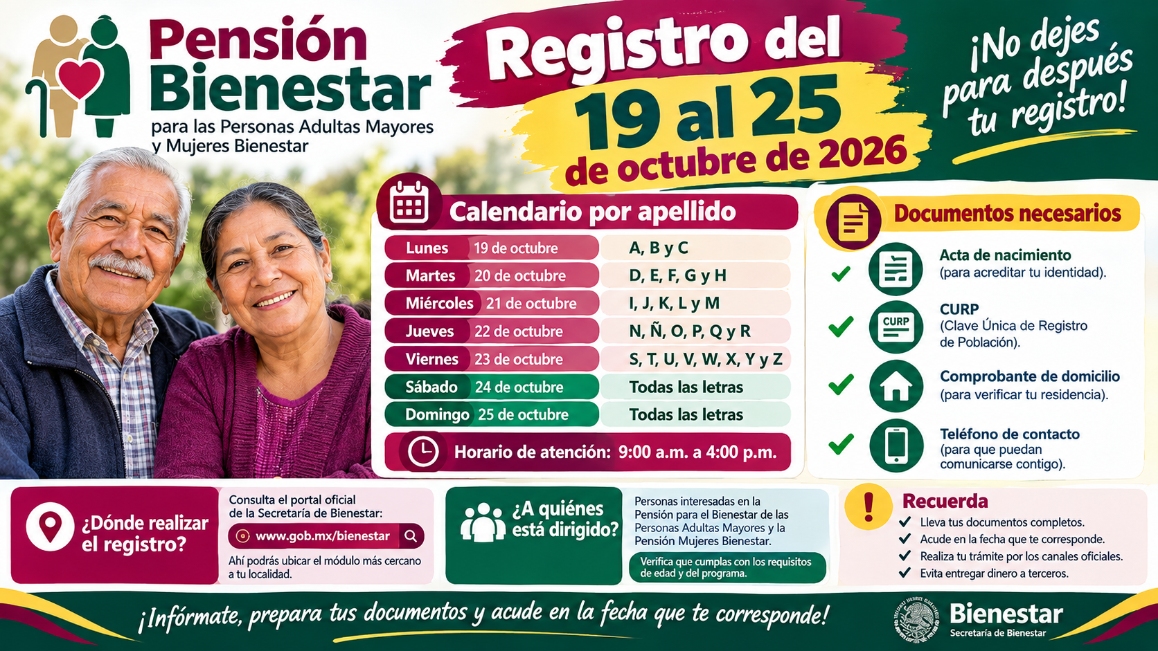 Pensión Bienestar: estas son las fechas para registrarse del 19 al 25 de octubre de 2026