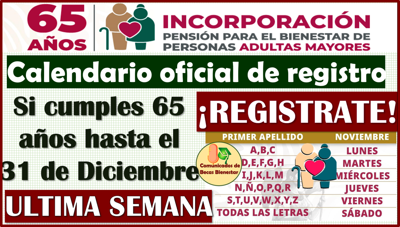 Si cumples 65 años hasta el 31 de Diciembre ¡REGISTRATE! y forma parte de la Pensión Bienestar Adulto Mayor