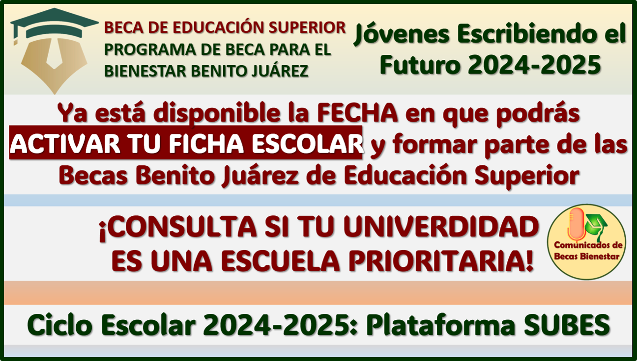 ¡ATENTOS UNIVERSITARIOS! Fecha para activar su ficha escolar en la Beca Benito Juárez Jóvenes Escribiendo el Futuro 2024-2025